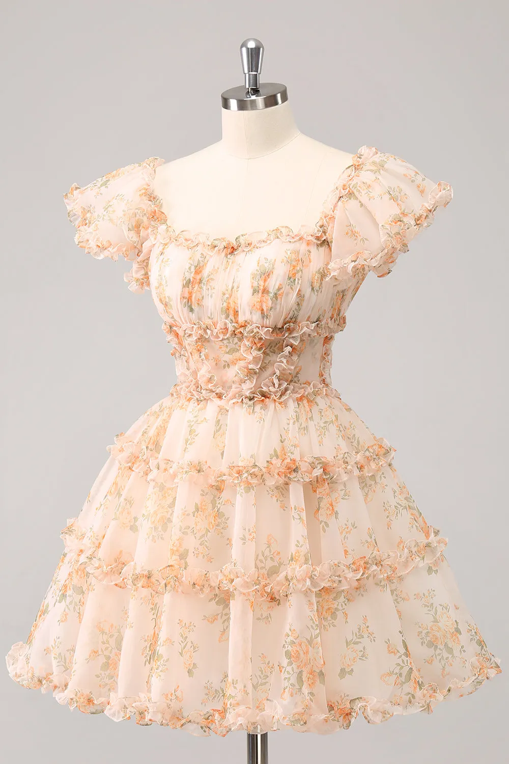 Yellow A-Line Ruffled Tulle Floral Print Homecoming Dress sold by Zapaka product image thumbnail 3