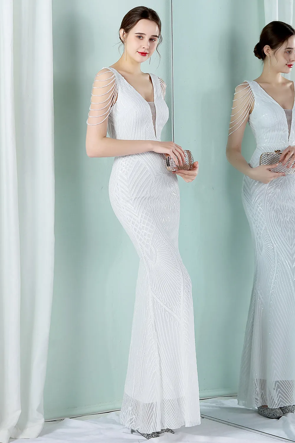 White Deep V Neck Mermaid Evening Dress sold by Zapaka product image thumbnail 5