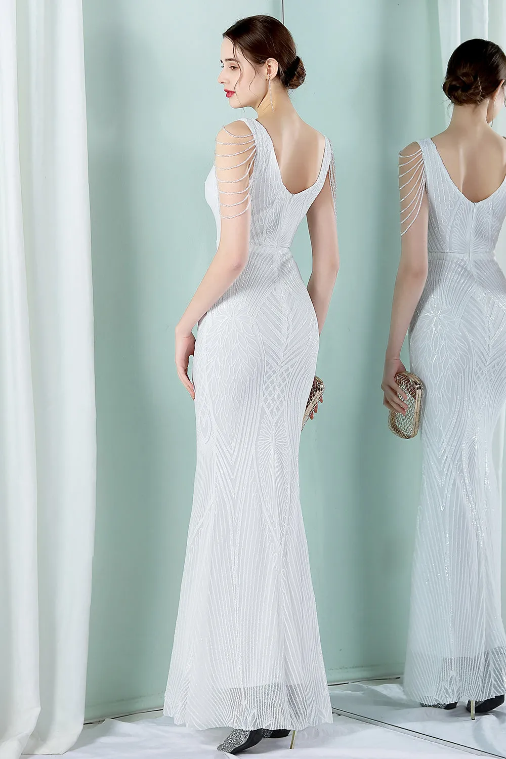 White Deep V Neck Mermaid Evening Dress sold by Zapaka product image thumbnail 2