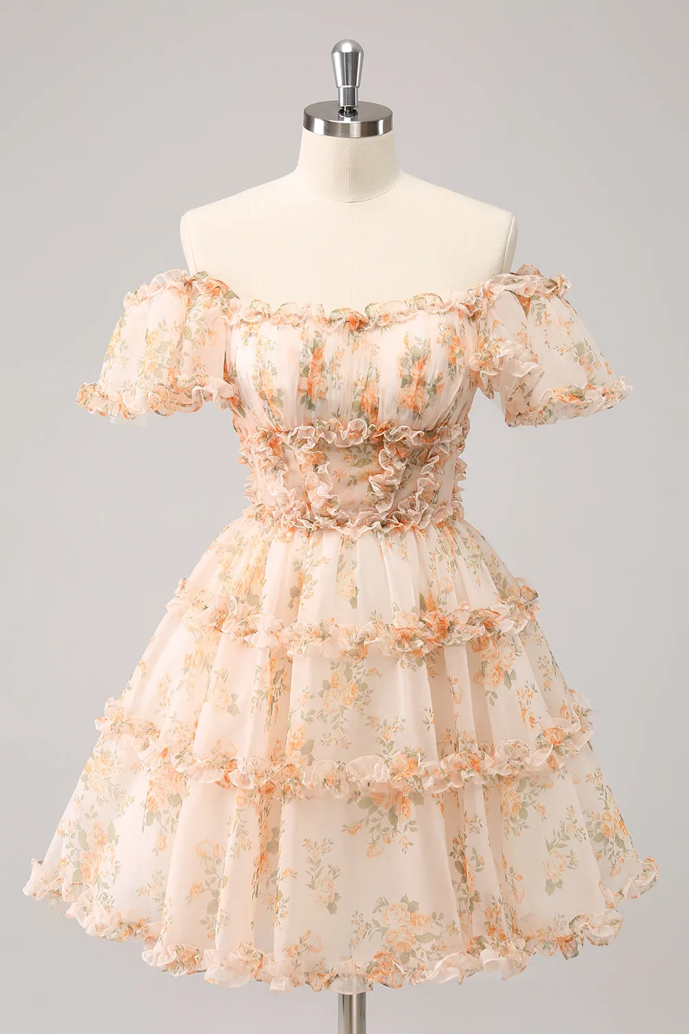 Yellow A-Line Ruffled Tulle Floral Print Homecoming Dress sold by Zapaka product image thumbnail 4
