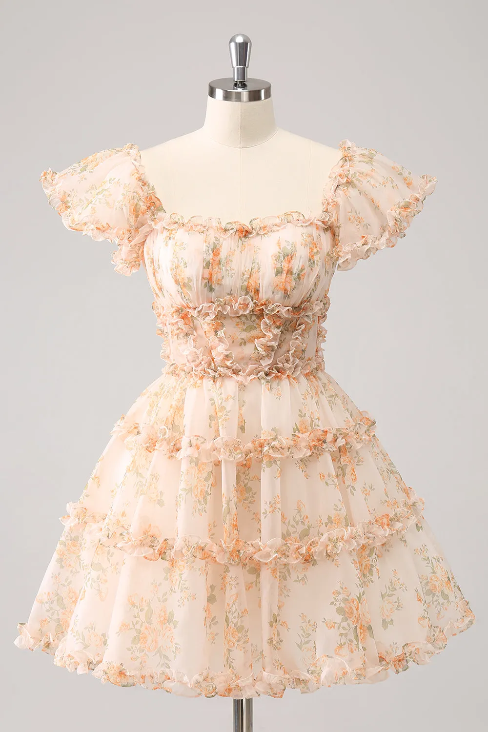 Yellow A-Line Ruffled Tulle Floral Print Homecoming Dress sold by Zapaka