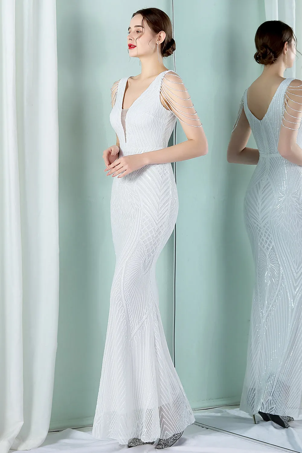 White Deep V Neck Mermaid Evening Dress sold by Zapaka product image thumbnail 3
