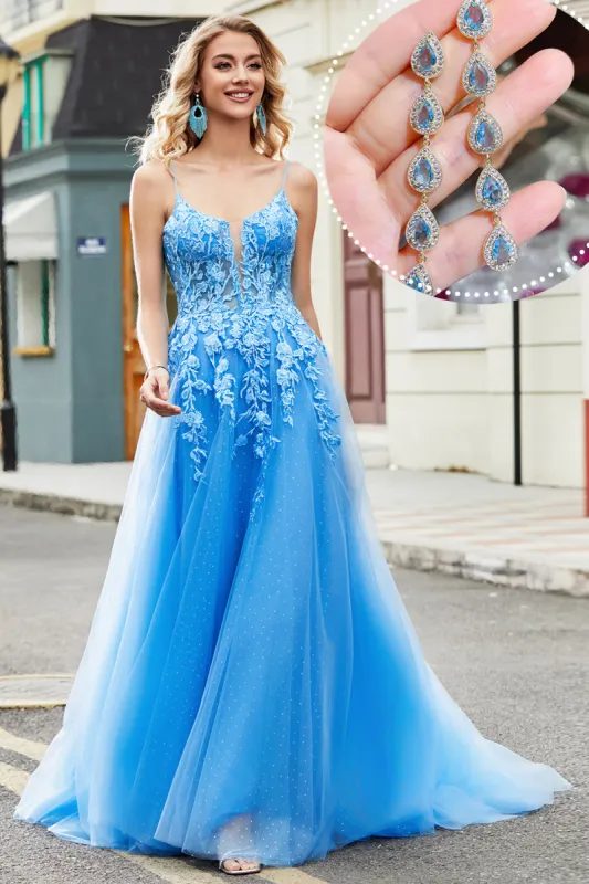Blue A Line Appliques Tulle Long Prom Dress with Accessory sold by Zapaka