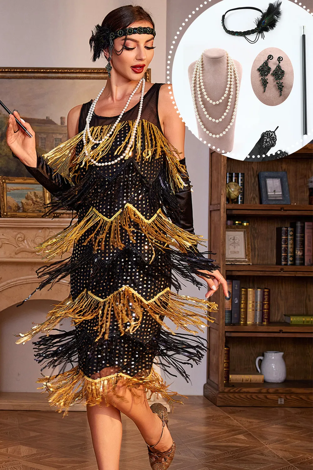 Sparkly Black and Golden Sequins Fringed 1920s Dress with Accessories Set sold by Zapaka