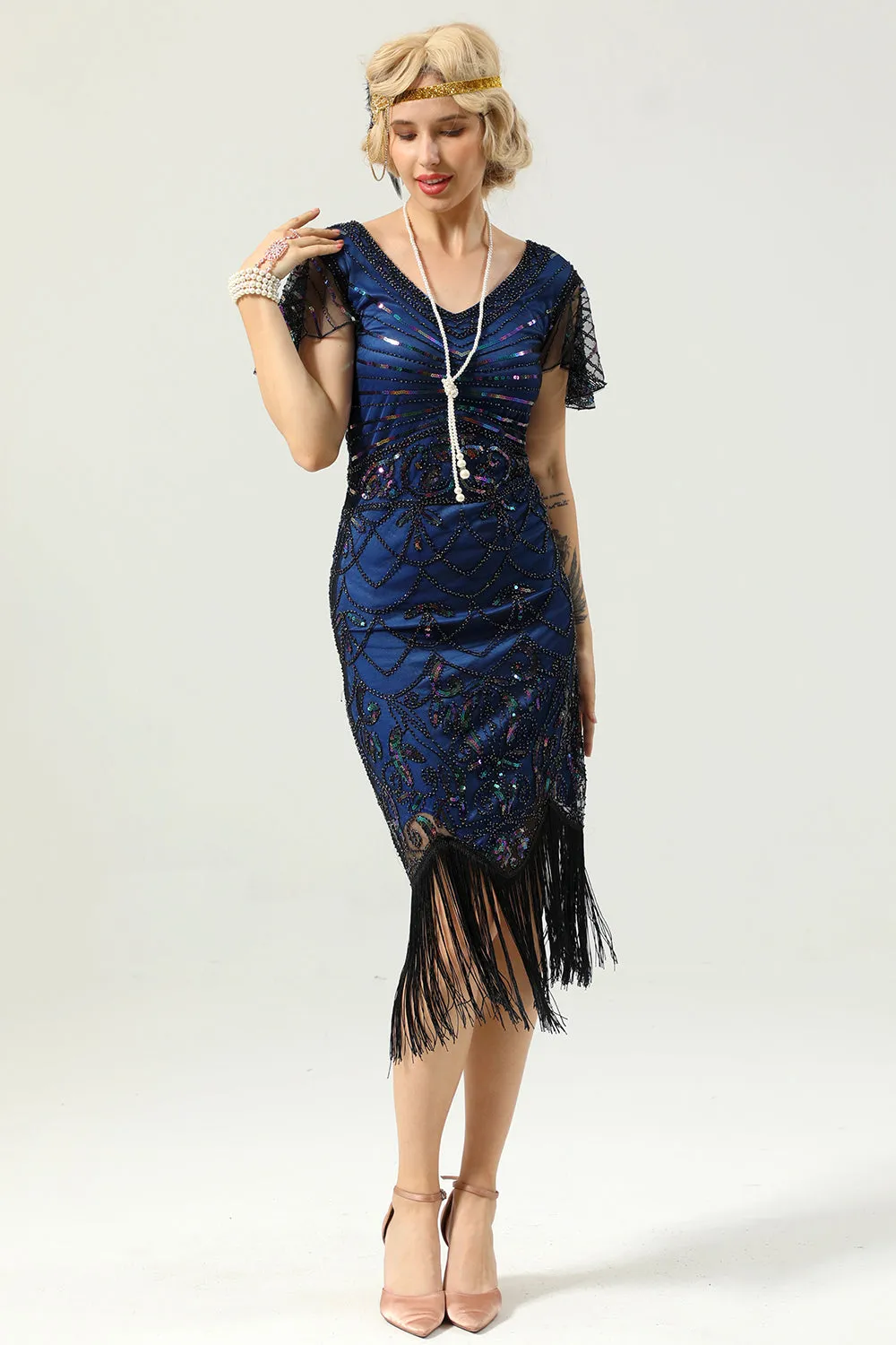 Navy Blue V Neck Sequin Fringe Flapper 1920s Dress sold by Zapaka product image thumbnail 3