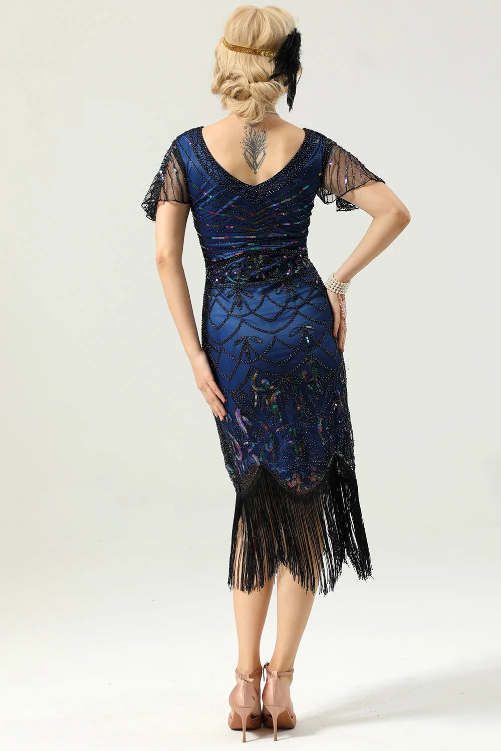 Navy Blue V Neck Sequin Fringe Flapper 1920s Dress sold by Zapaka product image thumbnail 2