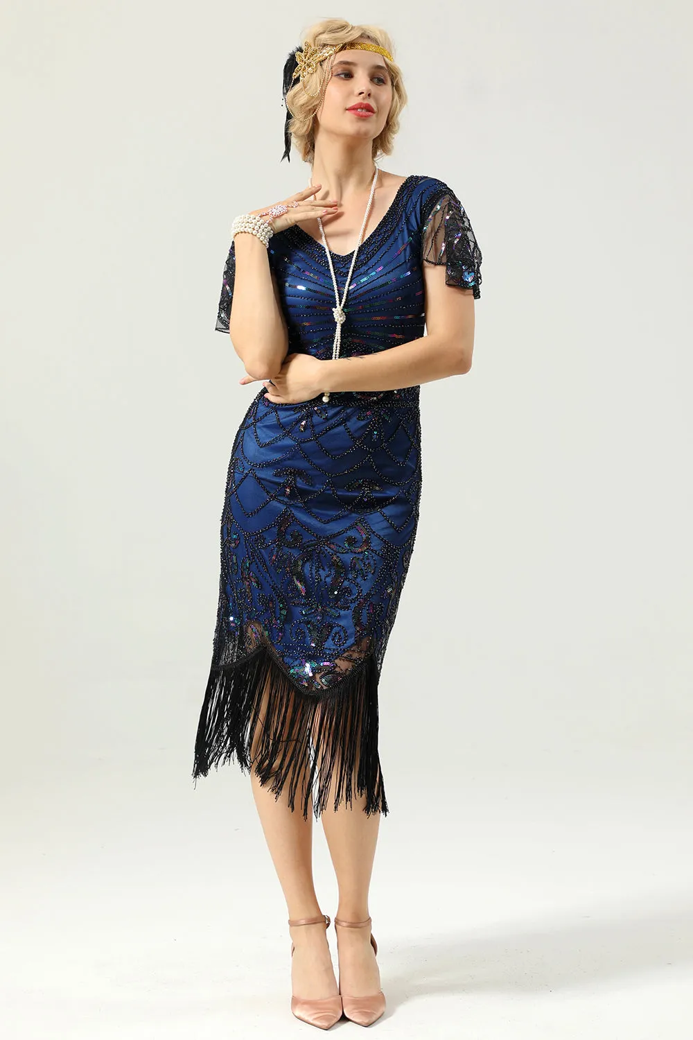Navy Blue V Neck Sequin Fringe Flapper 1920s Dress sold by Zapaka