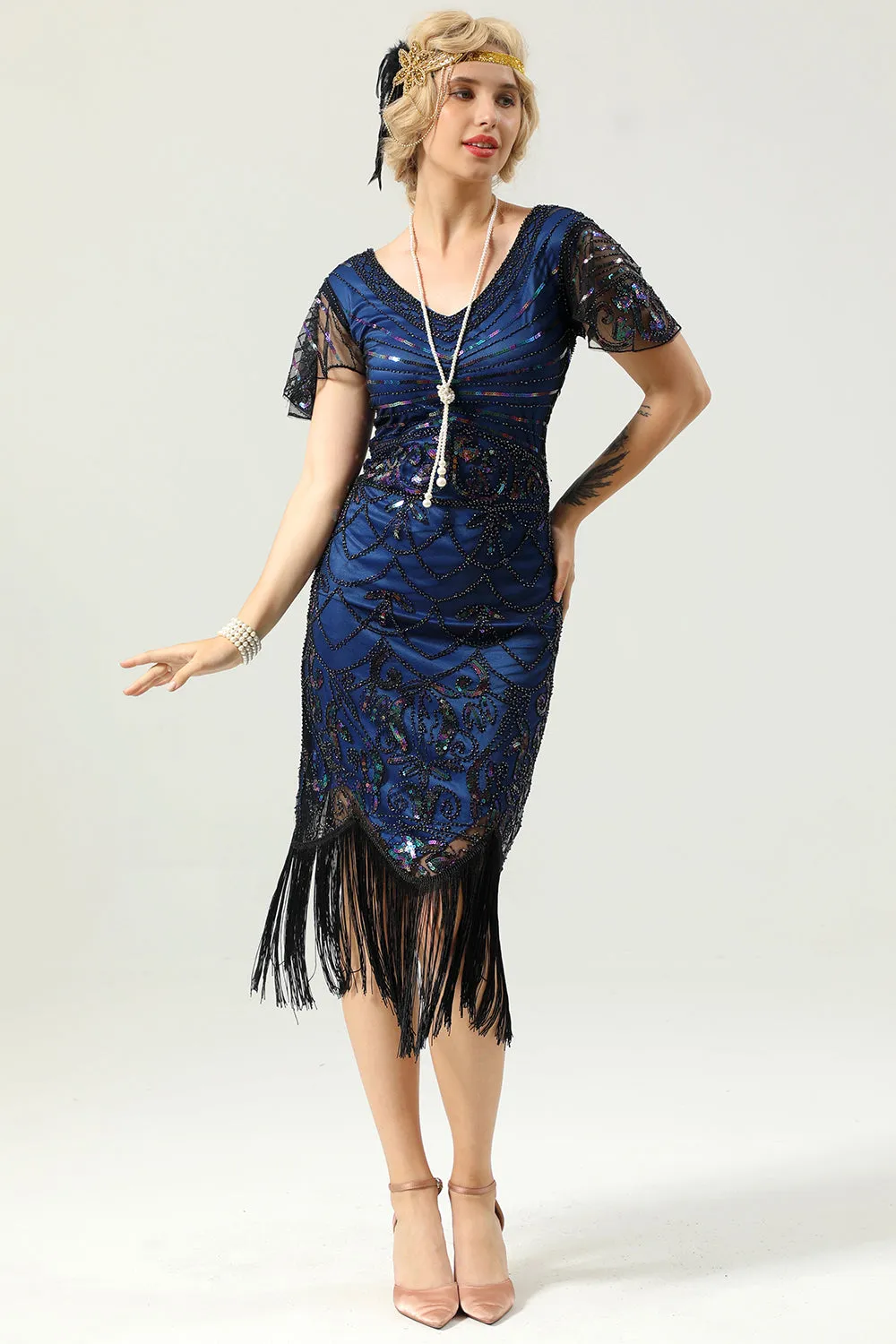 Navy Blue V Neck Sequin Fringe Flapper 1920s Dress sold by Zapaka product image thumbnail 4