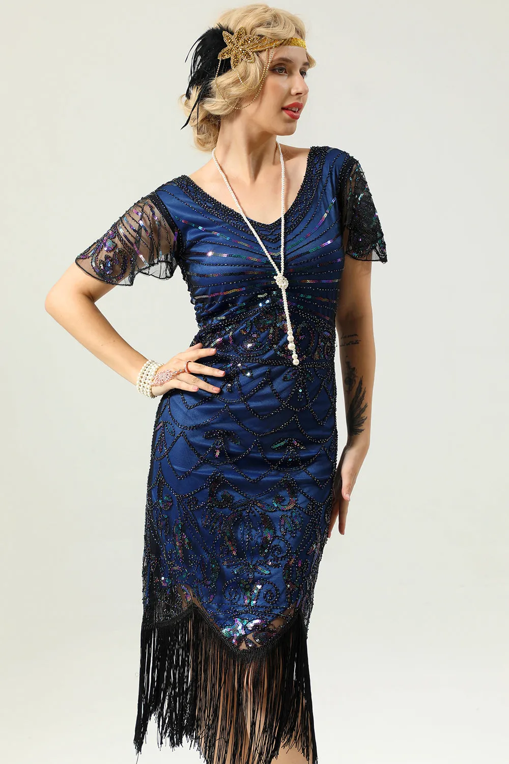 Navy Blue V Neck Sequin Fringe Flapper 1920s Dress sold by Zapaka product image thumbnail 5