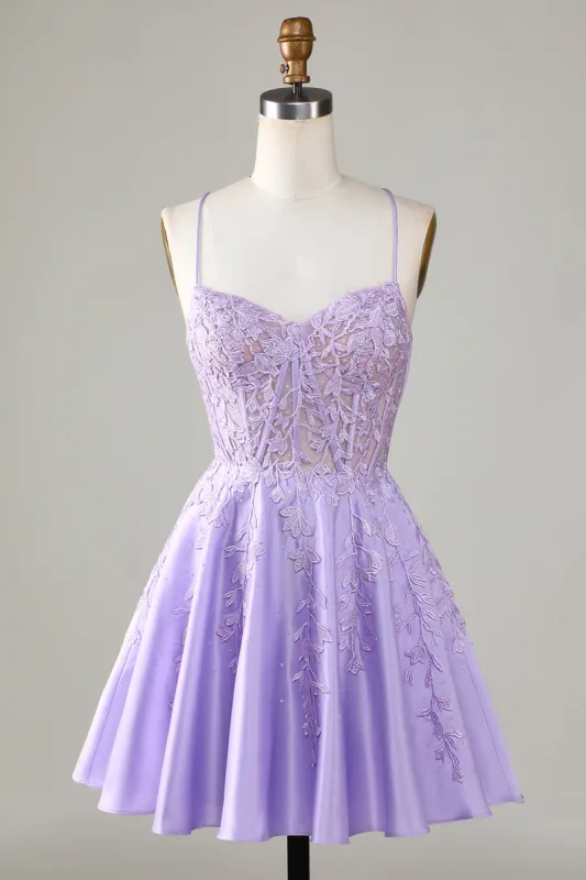 Purple Corset A-Line Satin Short Homecoming Dress with Lace sold by Zapaka