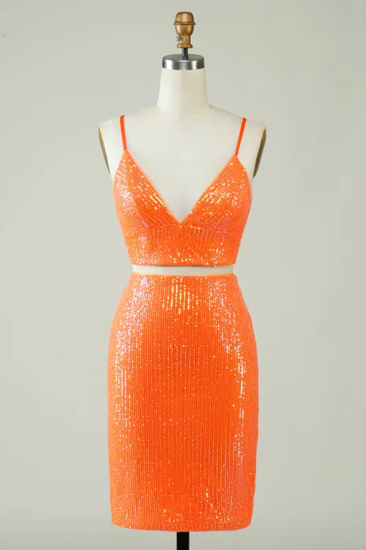 Two Piece Orange Sequins Tight Homecoming Dress sold by Zapaka