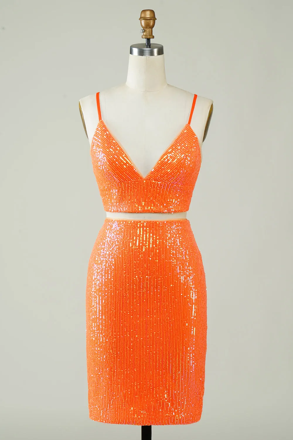 Two Piece Orange Sequins Tight Homecoming Dress sold by Zapaka
