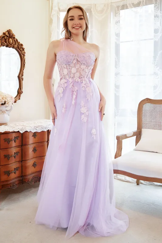 A Line One Shoulder Purple Plus Size Prom Dress with Appliques sold by Zapaka