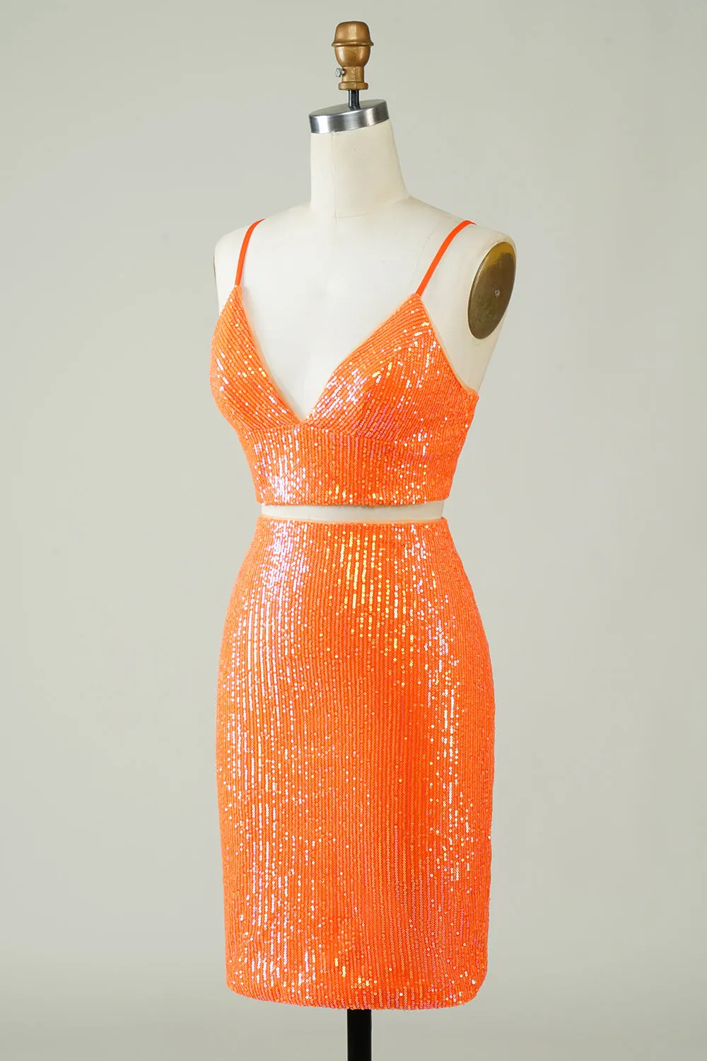 Two Piece Orange Sequins Tight Homecoming Dress sold by Zapaka product image thumbnail 3