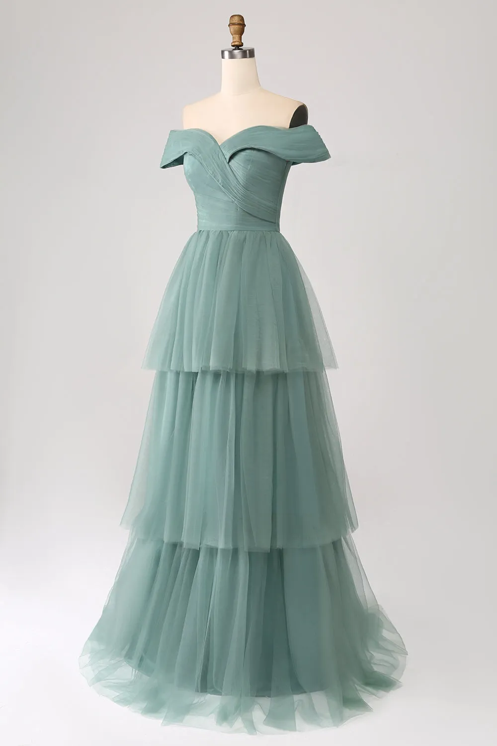 Grey Green A Line Off the Shoulder Tiered Tulle A Line Prom Dress sold by Zapaka product image thumbnail 3