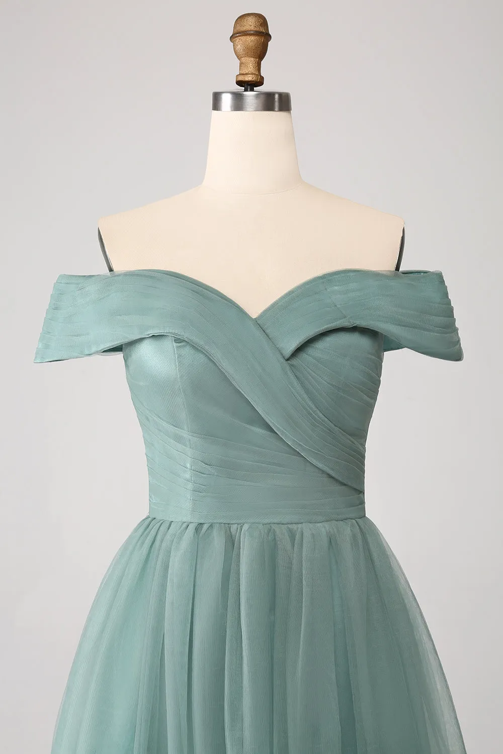 Grey Green A Line Off the Shoulder Tiered Tulle A Line Prom Dress sold by Zapaka product image thumbnail 4