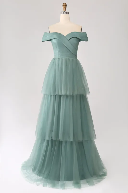 Grey Green A Line Off the Shoulder Tiered Tulle A Line Prom Dress sold by Zapaka