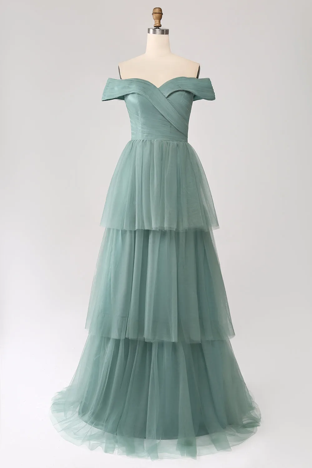 Grey Green A Line Off the Shoulder Tiered Tulle A Line Prom Dress sold by Zapaka