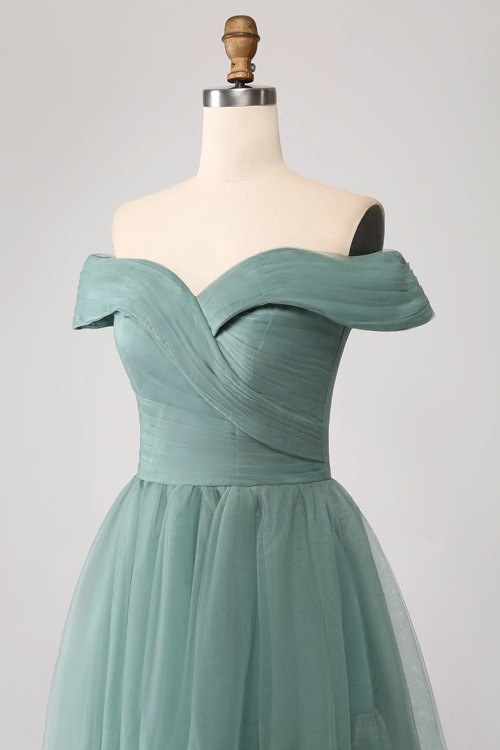 Grey Green A Line Off the Shoulder Tiered Tulle A Line Prom Dress sold by Zapaka product image thumbnail 5