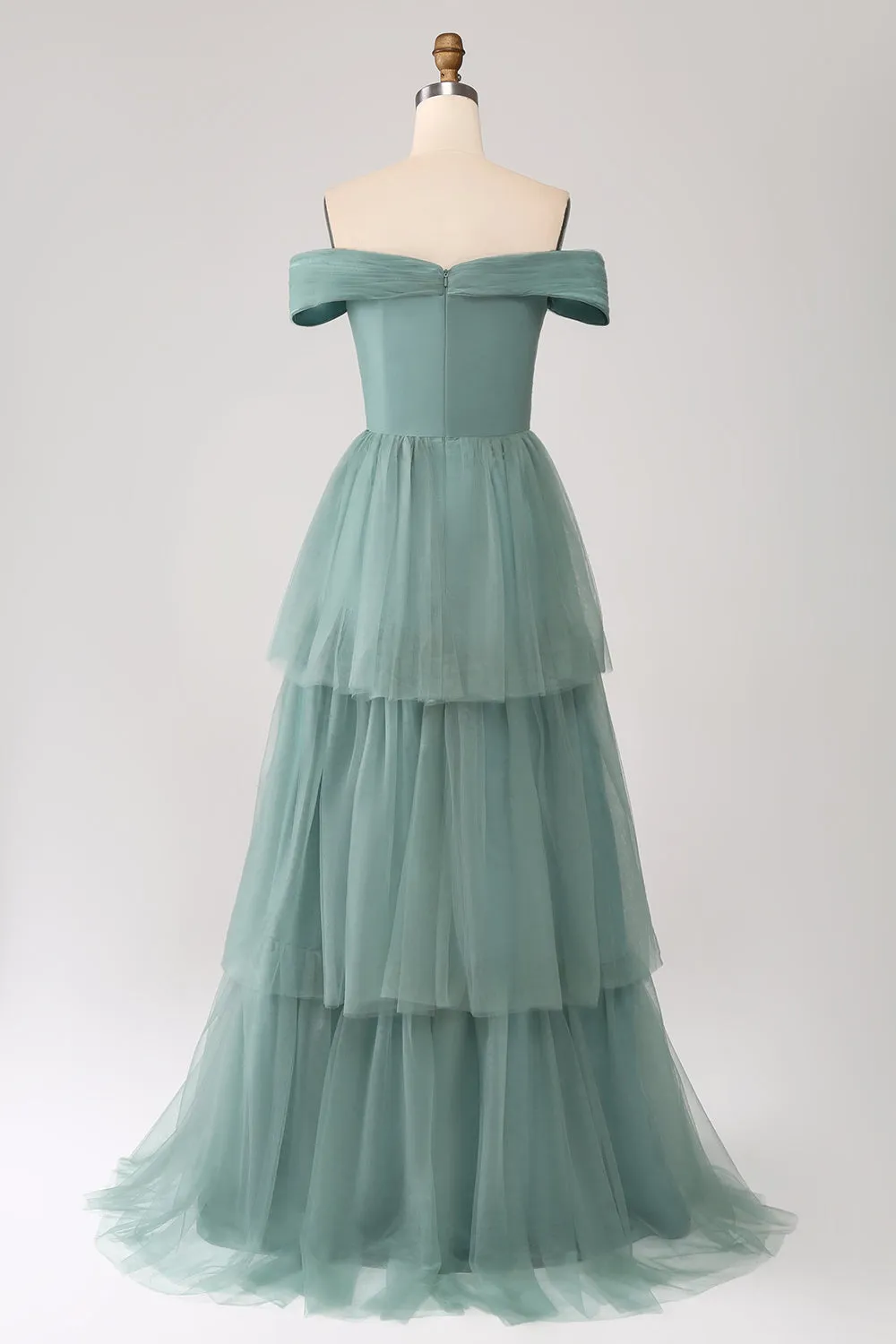 Grey Green A Line Off the Shoulder Tiered Tulle A Line Prom Dress sold by Zapaka product image thumbnail 2