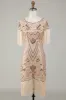 Boat Neck Sequins Champagne Roaring 20s Gatsby Fringed Flapper Dress sold by Zapaka