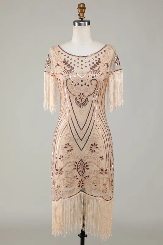 Boat Neck Sequins Champagne Roaring 20s Gatsby Fringed Flapper Dress sold by Zapaka