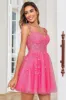 Stylish A Line Spaghetti Straps Pink Short Homecoming Dress with Appliques sold by Zapaka