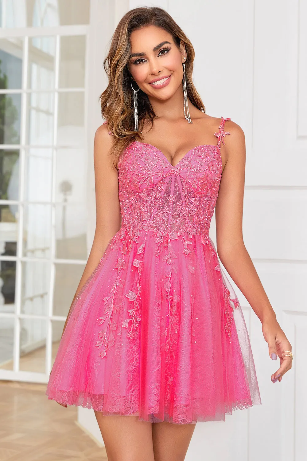 Stylish A Line Spaghetti Straps Pink Short Homecoming Dress with Appliques sold by Zapaka