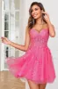 Stylish A Line Spaghetti Straps Pink Short Homecoming Dress with Appliques sold by Zapaka