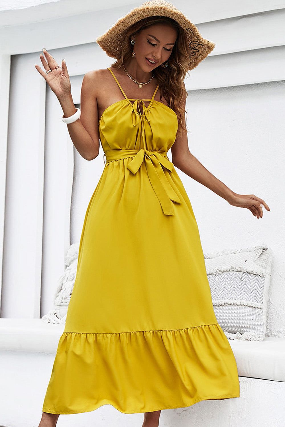 Halter Neck Yellow Holiday Dress with Belt sold by Zapaka product image thumbnail 3