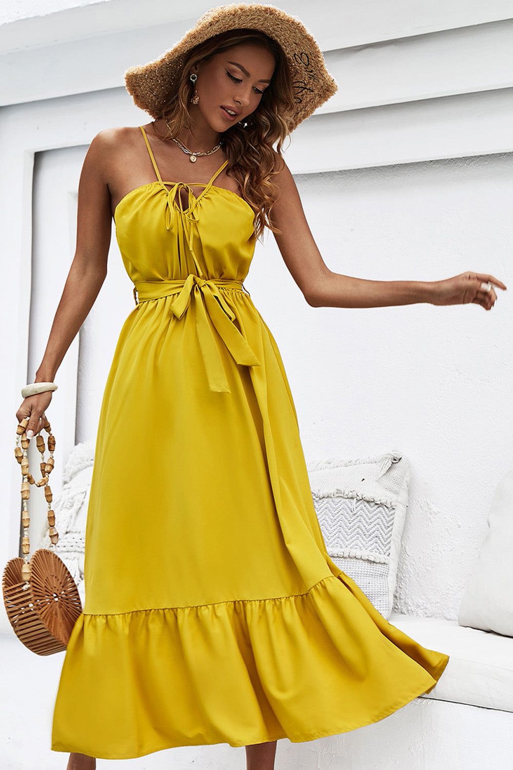 Halter Neck Yellow Holiday Dress with Belt sold by Zapaka product image thumbnail 4