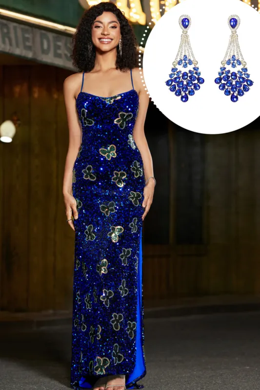 Royal Blue Mermaid Spaghetti Straps Sequins Long Prom Dress with Accessory sold by Zapaka