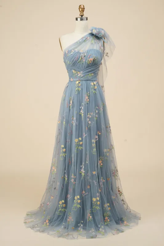 A-Line Grey Blue Long Prom Dress With Embroidery sold by Zapaka