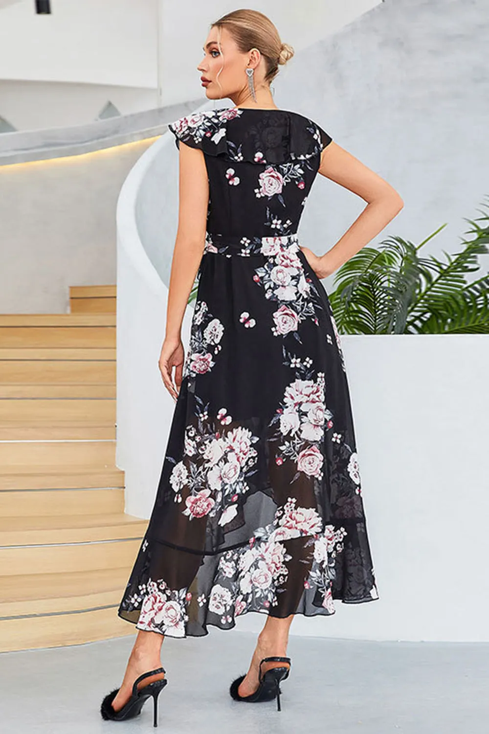 Black A-Line V-Neck Floral Print Chiffon Party Dress sold by Zapaka product image thumbnail 2