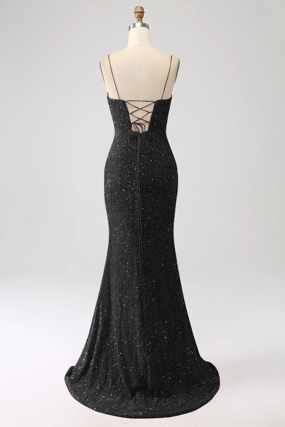Black Mermaid Spaghetti Straps V-Neck Sequin Long Prom Dress With Split sold by Zapaka product image thumbnail 2