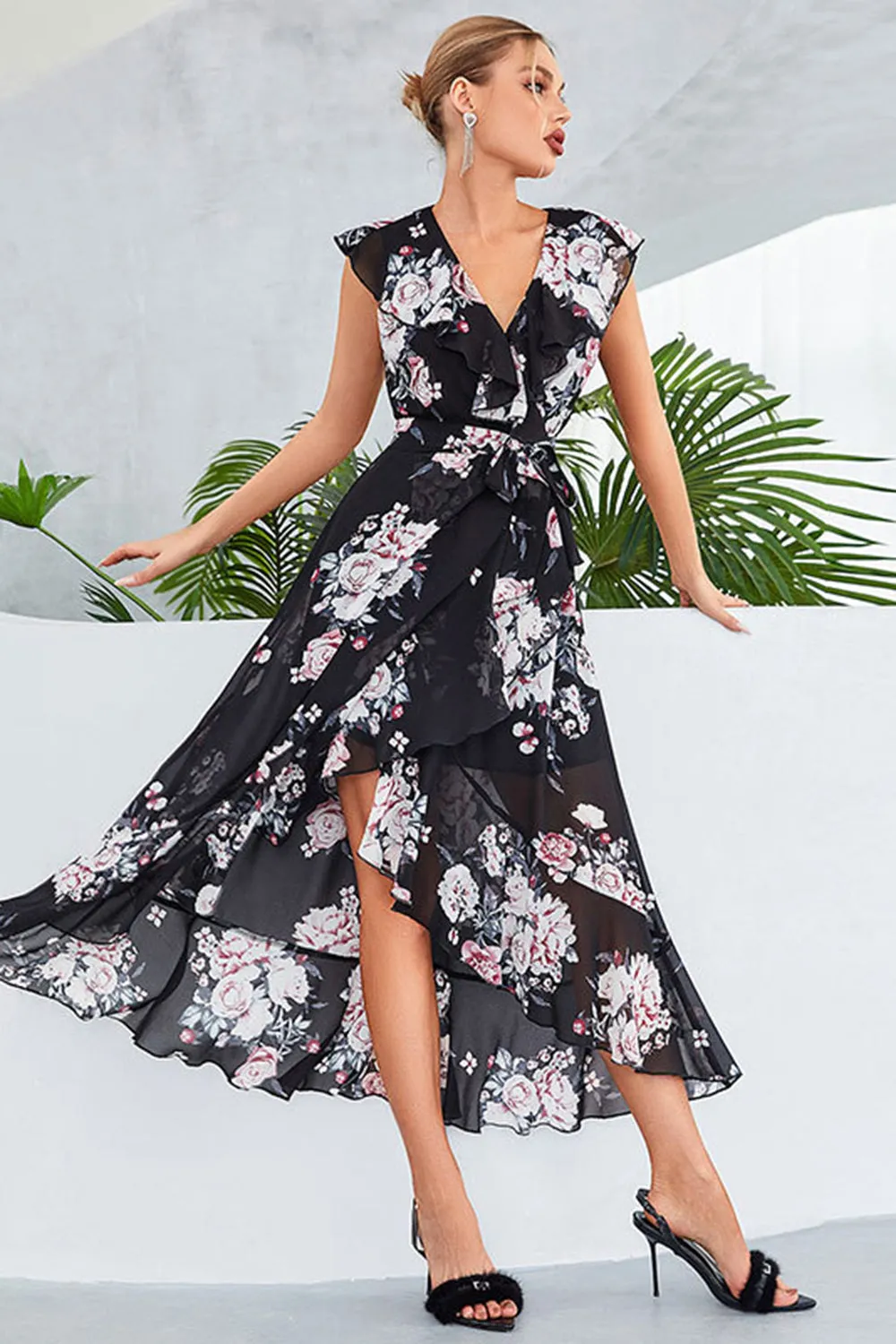 Black A-Line V-Neck Floral Print Chiffon Party Dress sold by Zapaka product image thumbnail 4