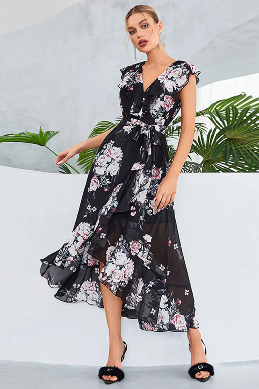 Black A-Line V-Neck Floral Print Chiffon Party Dress sold by Zapaka