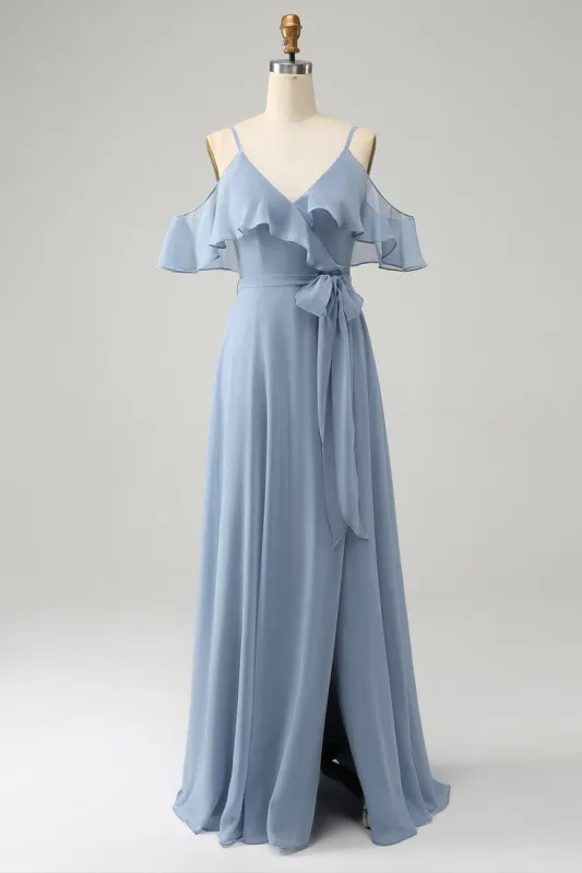 Grey Blue Spaghetti Straps V-Neck Chiffon Bridesmaid Dress with Slit sold by Zapaka