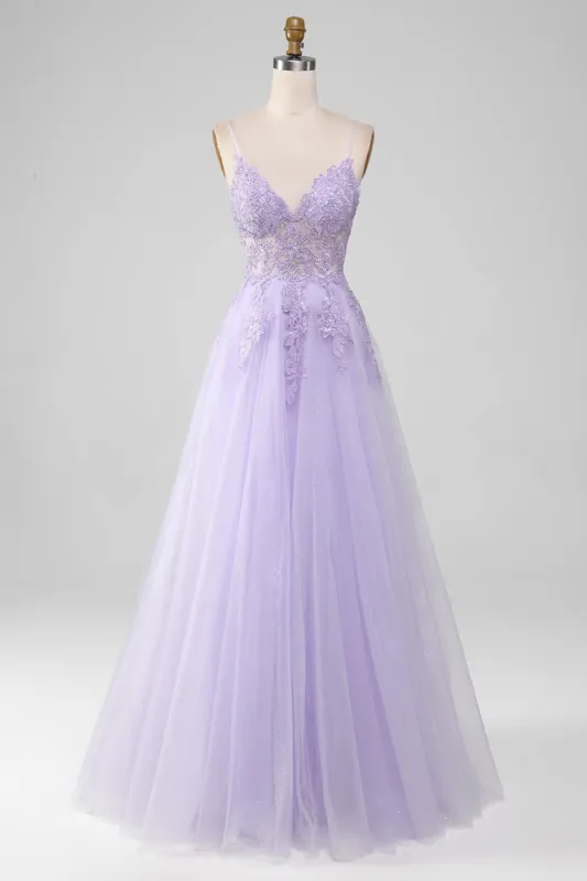 Sparkly Light Purple A-Line Spaghetti Straps Long Prom Dress With Beading sold by Zapaka