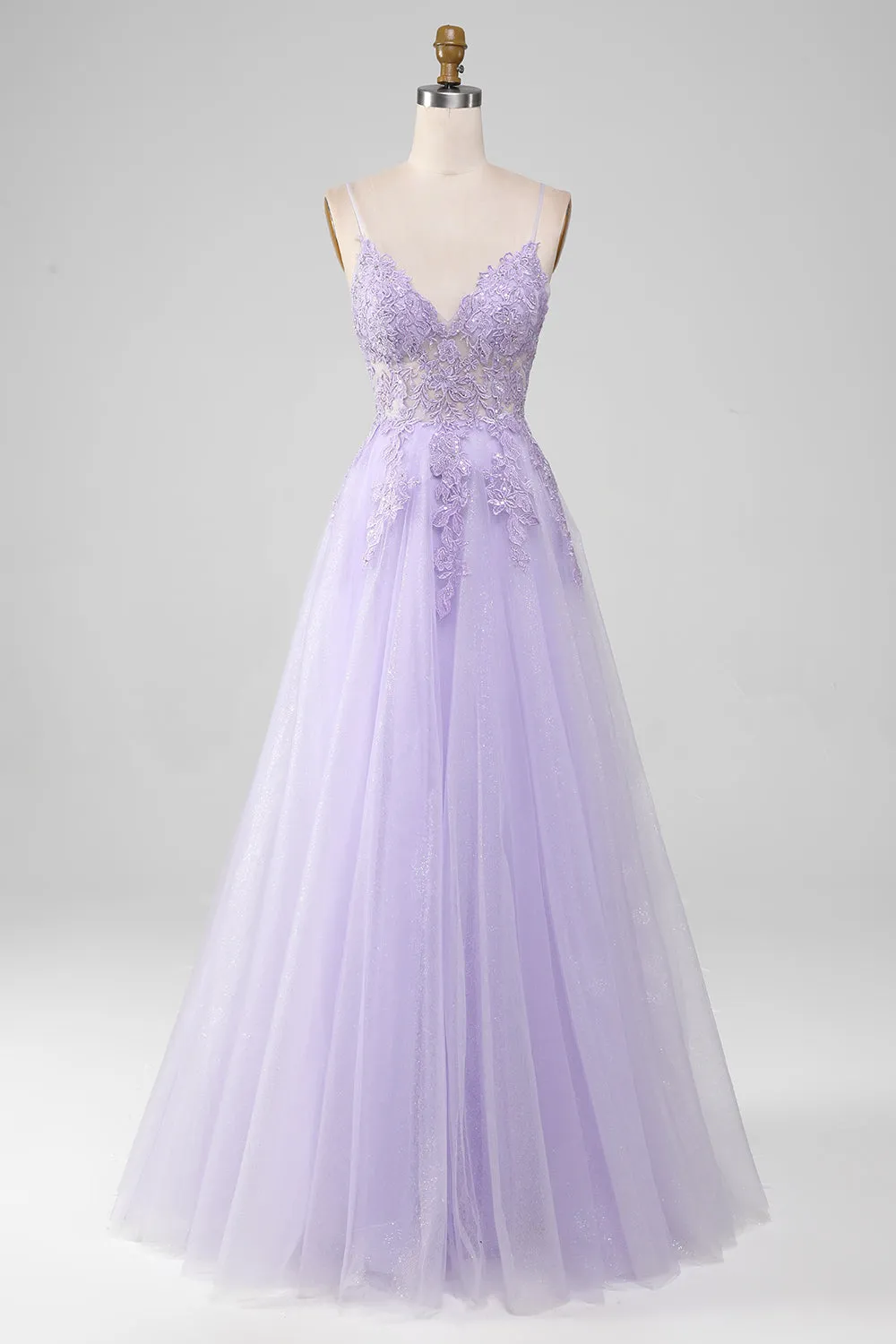 Sparkly Light Purple A-Line Spaghetti Straps Long Prom Dress With Beading sold by Zapaka