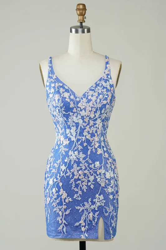 Sheath V Neck Blue Short Homecoming Dress with Appliques Criss Cross Back sold by Zapaka