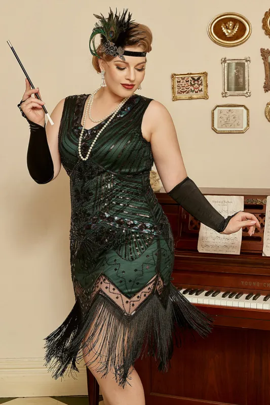 Sequin Dark Green Plus Size 1920s Flapper Dress sold by Zapaka