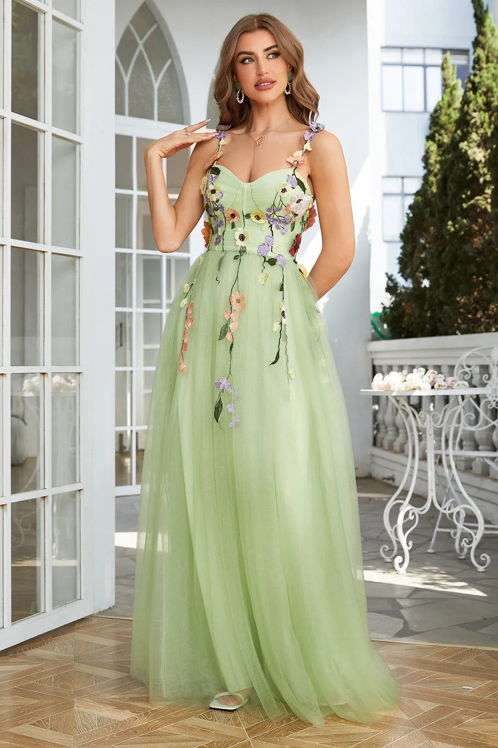 A Line Spaghetti Straps Green Prom Dress With 3D Flowers sold by Zapaka product image thumbnail 3