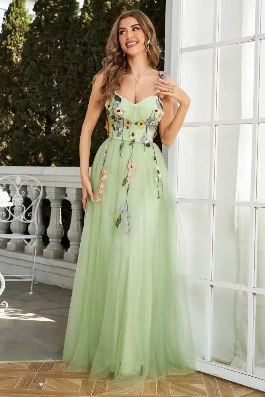 A Line Spaghetti Straps Green Prom Dress With 3D Flowers sold by Zapaka