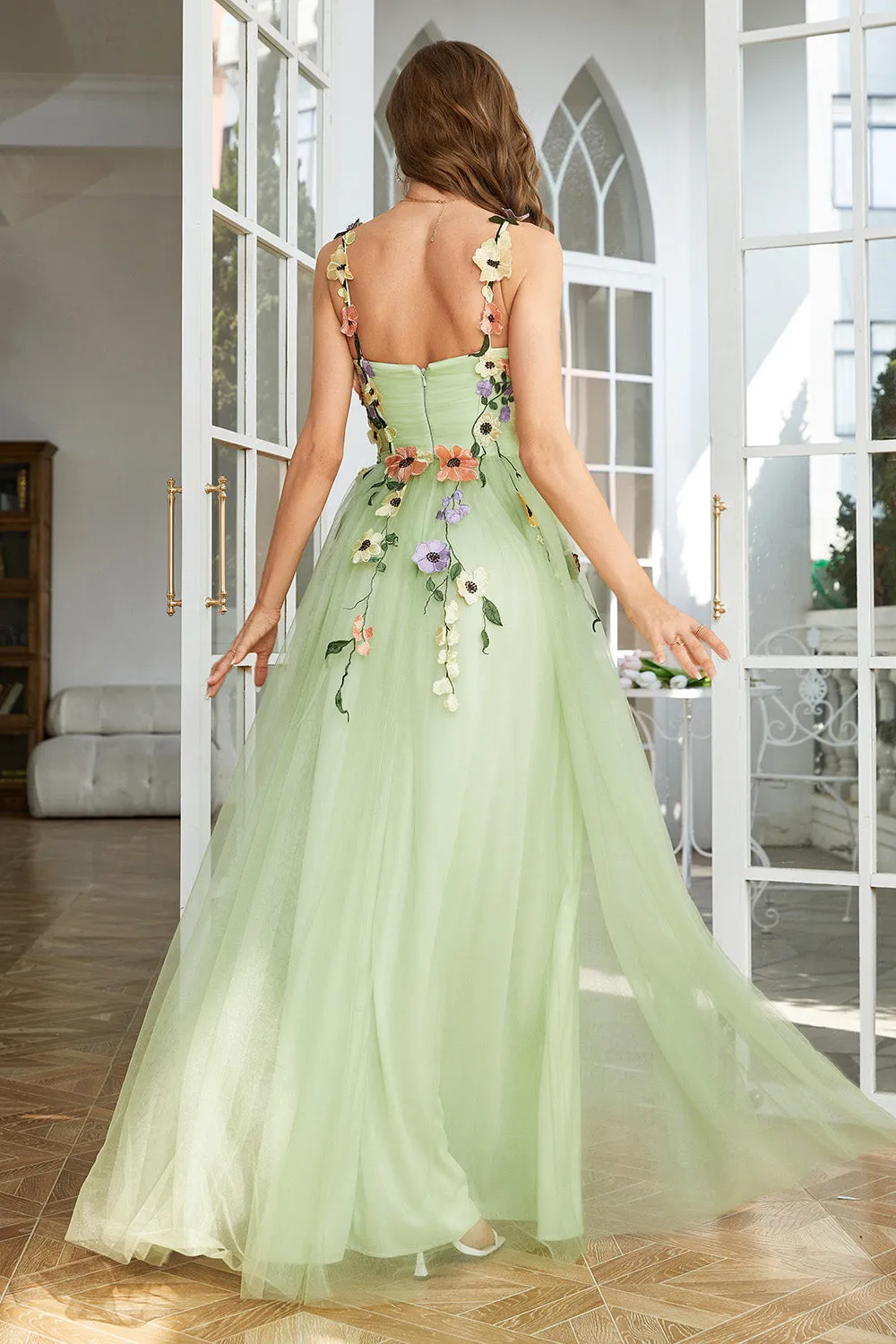 A Line Spaghetti Straps Green Prom Dress With 3D Flowers sold by Zapaka product image thumbnail 2