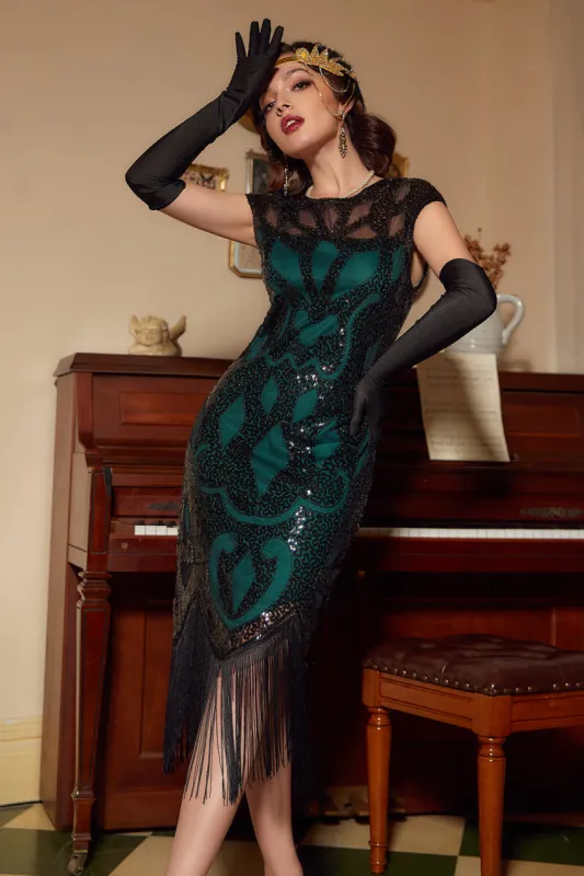 Black&Green Sequins 1920s Dress with Tassel sold by Zapaka