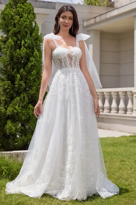 Princess White A-Line Lace Up Tulle Corset Bridal Dress with Appliques Lace sold by Zapaka