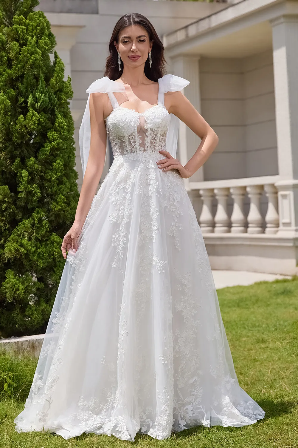 Princess White A-Line Lace Up Tulle Corset Bridal Dress with Appliques Lace sold by Zapaka product image thumbnail 3