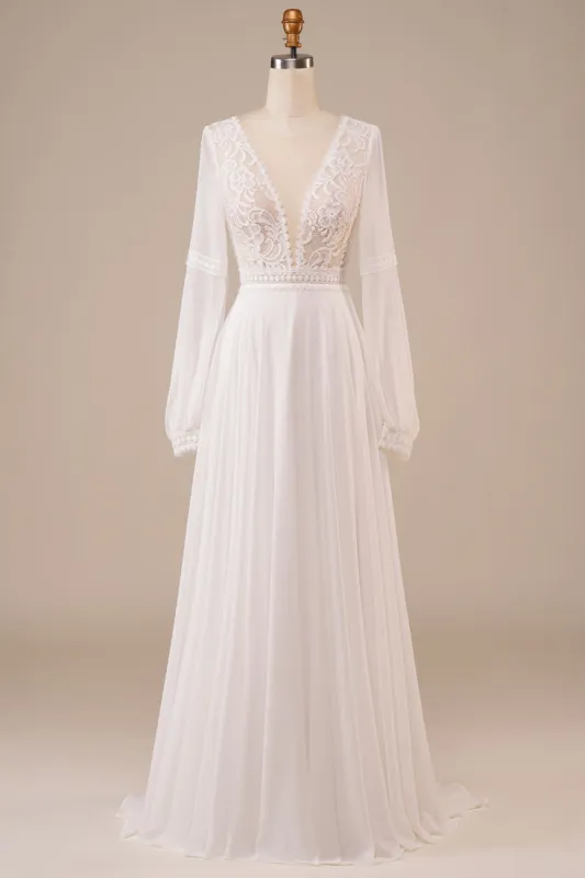 Long Sleeves Ivory Wedding Dress with Lace sold by Zapaka