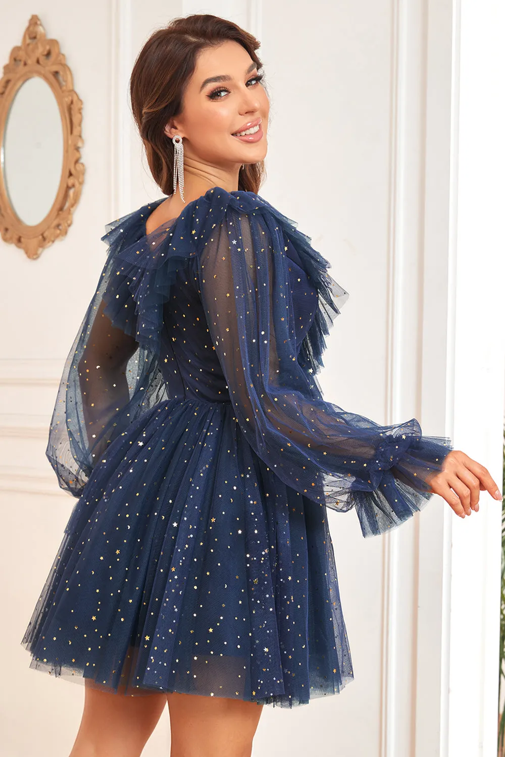A Line V Neck Navy Short Homecoming Dress with Long Sleeves sold by Zapaka product image thumbnail 2